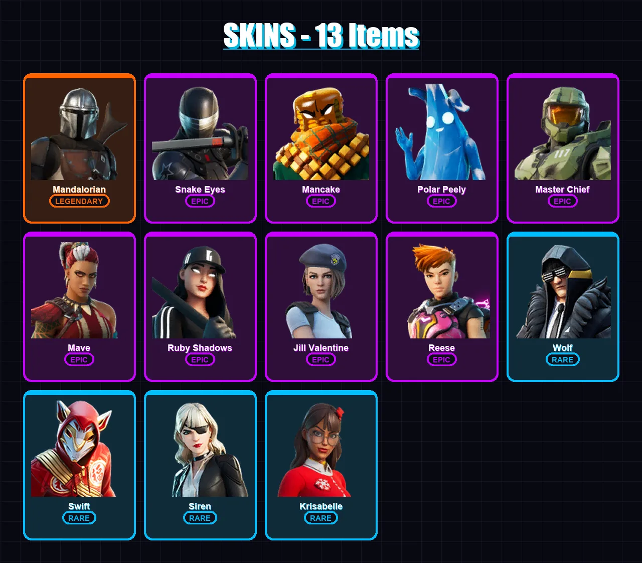 [PC/XBOX/PSN] | Mandalorian | Snake Eyes | Mancake | Polar Peely | Master Chief | 13 skin | 18 pickaxe | 8 emote | 16 glider | Lv145