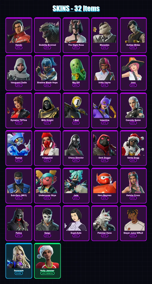 [PS4/PS5/XBOX/PC] | Kendo | Godzilla Evolved | The Night Rose | Meowdas | Outlaw Midas | 32 skin | 67 pickaxe | 37 emote | 39 glider | Lv873