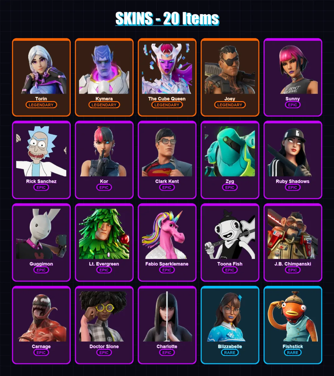 [PC/XBOX/PSN] | Torin | Kymera | The Cube Queen | Joey | Sunny | 20 skin | 48 pickaxe | 36 emote | 48 glider | Lv945