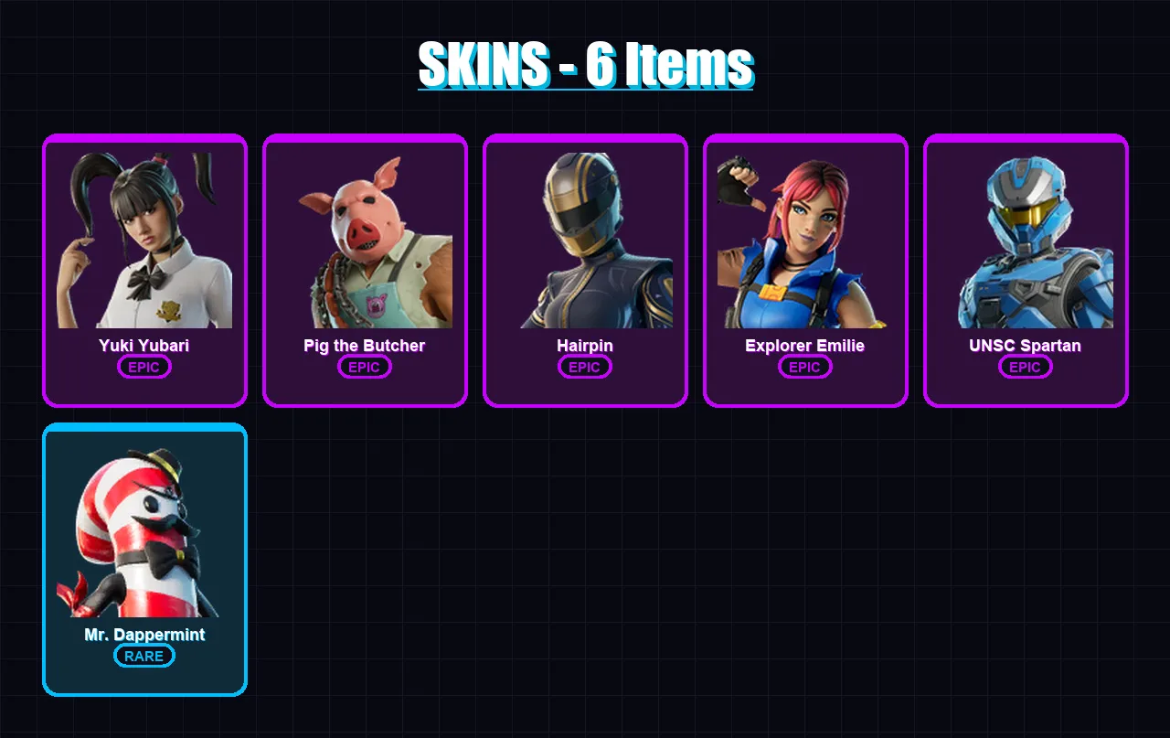 [PC/XBOX/PSN] | Yuki Yubari | Pig the Butcher | Hairpin | Explorer Emilie | UNSC Spartan | 6 skin | 30 pickaxe | 15 emote | 17 glider | Lv339