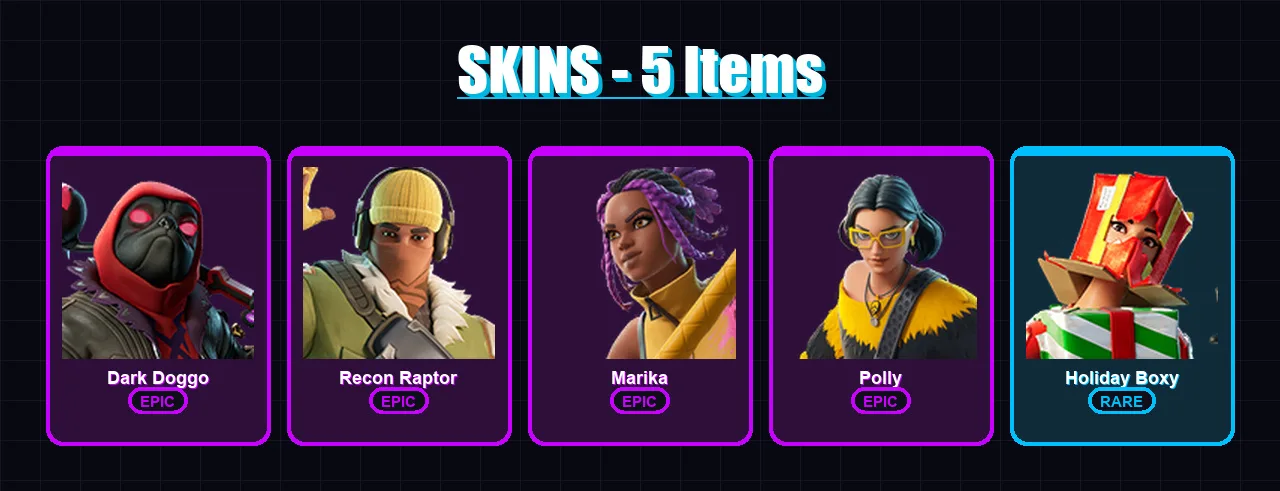 [PC/XBOX] | Dark Doggo | Recon Raptor | Marika | Polly | Holiday Boxy | 5 skin | 22 pickaxe | 8 emote | 18 glider | Lv173