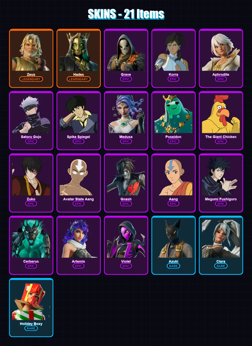 [PS4/PS5/PC] | Zeus | Hades | Grave | Korra | Aphrodite | 21 skin | 22 pickaxe | 25 emote | 12 glider | Lv200