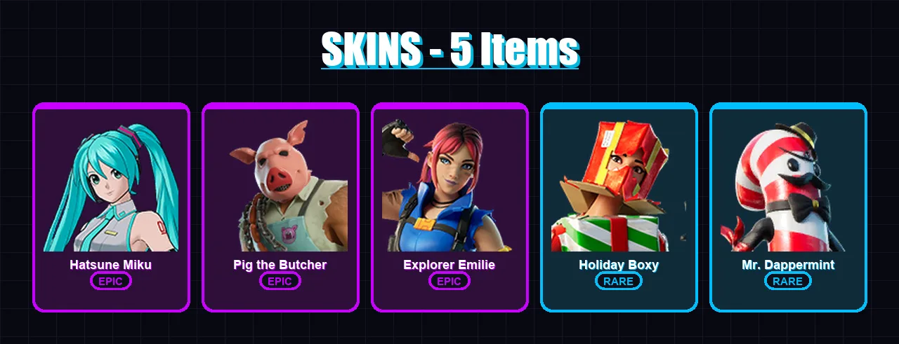 [PC/XBOX/PSN] | Hatsune Miku | Pig the Butcher | Explorer Emilie | Holiday Boxy | Mr. Dappermint | 5 skin | 11 pickaxe | 6 emote | 16 glider | Lv145