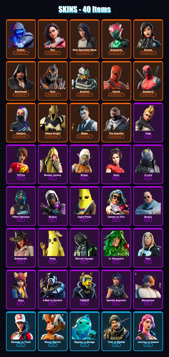 [PC/XBOX/PSN] | Fusion | Rox | Gear Specialist Maya | Singularity | Sorana | 40 skin | 50 pickaxe | 55 emote | 44 glider | Lv738