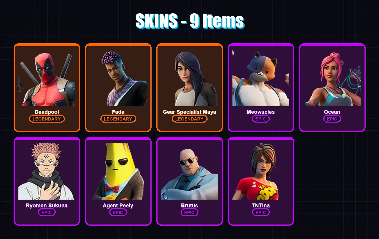 [PC/PSN] | Deadpool | Fade | Gear Specialist Maya | Meowscles | Ocean | 9 skin | 17 pickaxe | 11 emote | 21 glider | Lv195