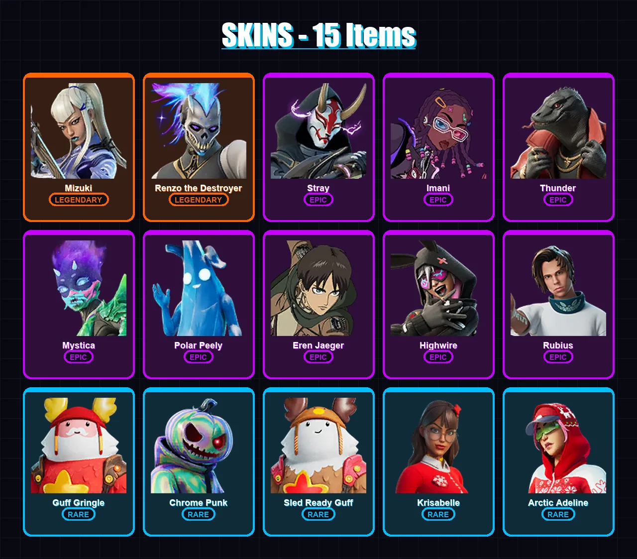 [PC/XBOX] | Mizuki | Renzo the Destroyer | Stray | Imani | Thunder | 15 skin | 37 pickaxe | 27 emote | 32 glider | Lv627