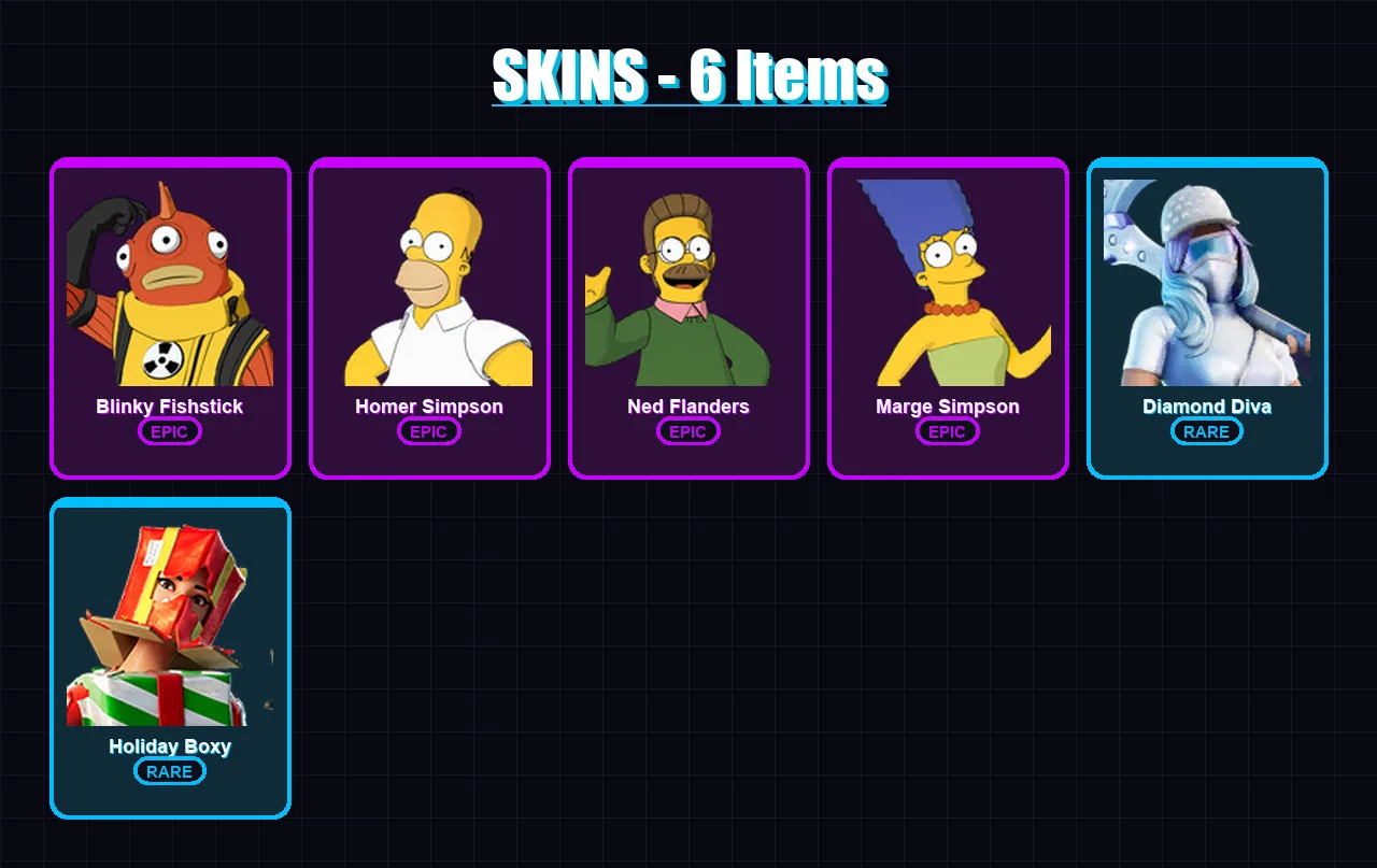 [PC/XBOX/PSN] | Blinky Fishstick | Homer Simpson | Ned Flanders | Marge Simpson | Diamond Diva | 6 skin | 14 pickaxe | 7 emote | 9 glider | Lv110