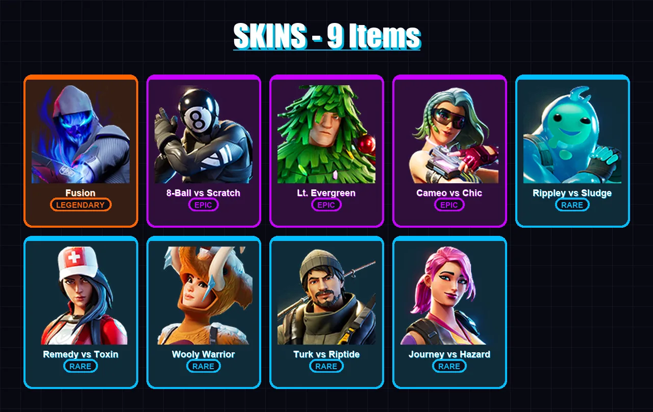 [PC/XBOX] | Fusion | 8-Ball vs Scratch | Lt. Evergreen | Cameo vs Chic | Rippley vs Sludge | 9 skin | 15 pickaxe | 14 emote | 13 glider | Lv179