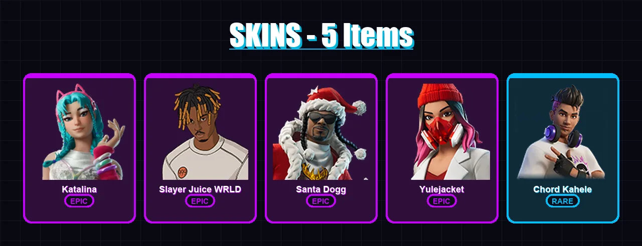 [PC/XBOX/PSN] | Katalina | Slayer Juice WRLD | Santa Dogg | Yulejacket | Chord Kahele | 5 skin | 18 pickaxe | 8 emote | 9 glider | Lv103