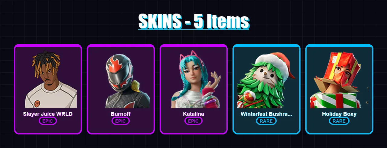 [PC/XBOX] | Slayer Juice WRLD | Burnoff | Katalina | Winterfest Bushranger | Holiday Boxy | 5 skin | 26 pickaxe | 11 emote | 23 glider | Lv342