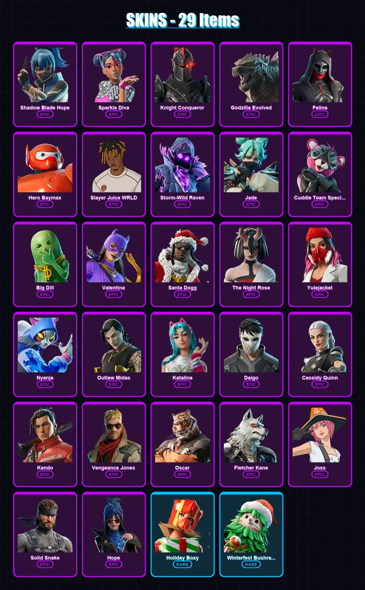[PC/XBOX/PSN] | Shadow Blade Hope | Sparkle Diva | Knight Conqueror | Godzilla Evolved | Felina | 29 skin | 39 pickaxe | 35 emote | 31 glider | Lv25