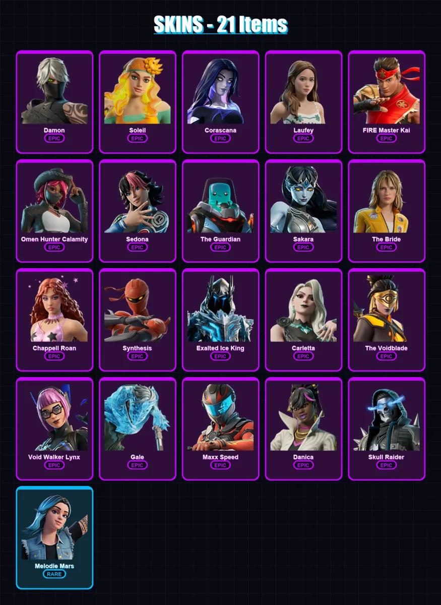 [PC/XBOX/PSN] | Damon | Soleil | Corascana | Laufey | FIRE Master Kai | 21 skin | 20 pickaxe | 7 emote | 11 glider | Lv186