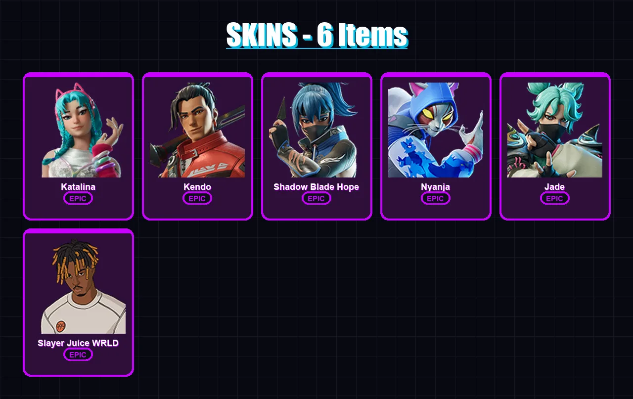 [PS4/PS5/XBOX/PC] | Katalina | Kendo | Shadow Blade Hope | Nyanja | Jade | 6 skin | 25 pickaxe | 15 emote | 20 glider | Lv371
