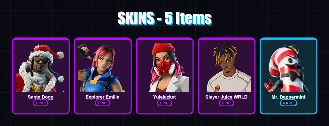[PC/XBOX/PSN] | Santa Dogg | Explorer Emilie | Yulejacket | Slayer Juice WRLD | Mr. Dappermint | 5 skin | 19 pickaxe | 12 emote | 16 glider | Lv213