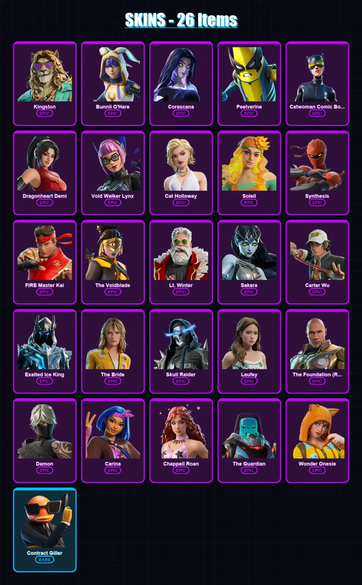 [PC/PSN] | Kingston | Bunnii O'Hare | Corascana | Peelverine | Catwoman Comic Book Outfit | 26 skin | 25 pickaxe | 14 emote | 15 glider | Lv64