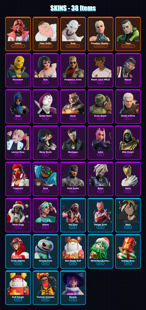 [PS4/PS5/PC] | Valeria | Peter Griffin | Snap | Paradigm (Reality-659) | Twyn | 38 skin | 67 pickaxe | 35 emote | 48 glider | Lv601