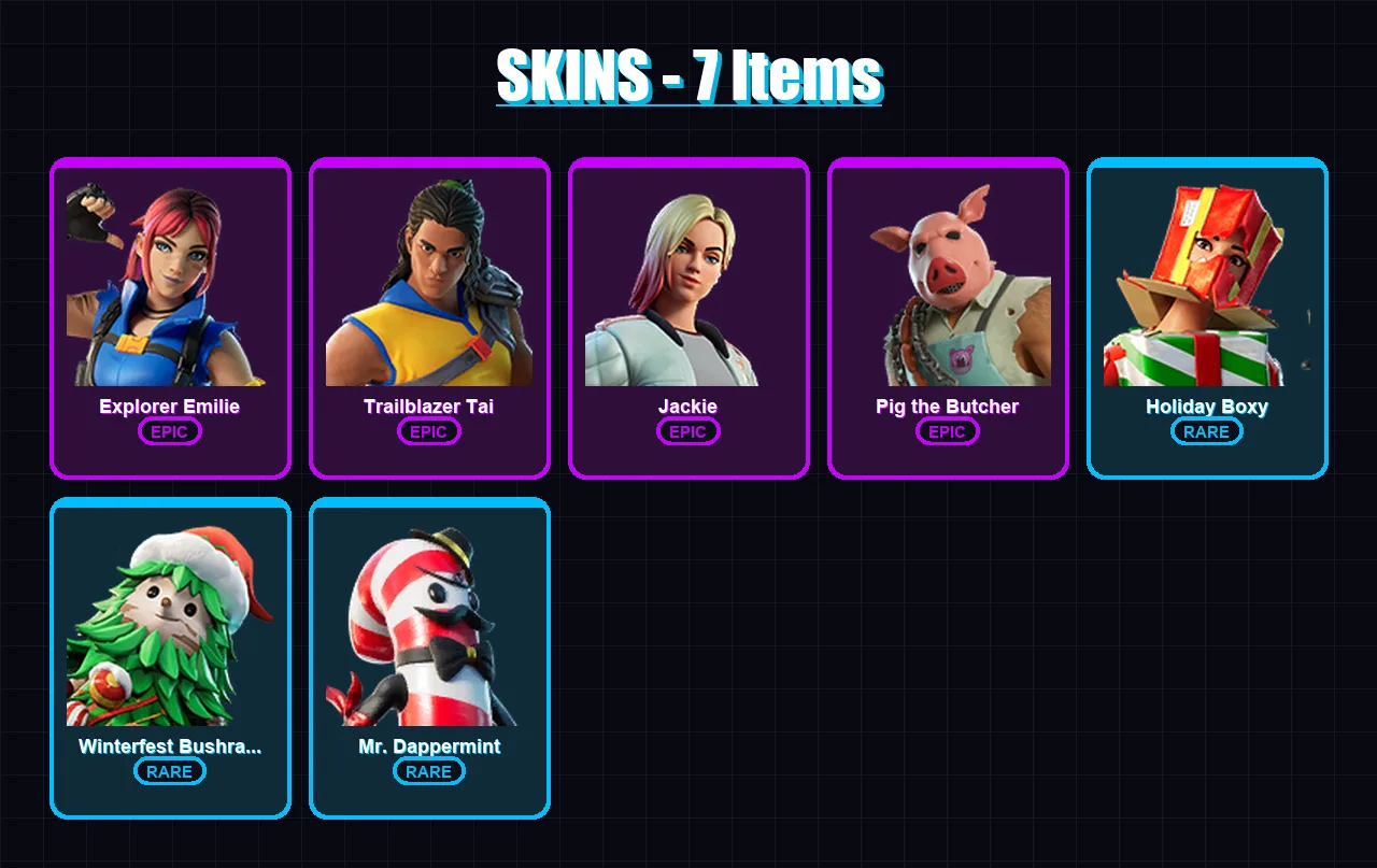 [PC/XBOX/PSN] | Explorer Emilie | Trailblazer Tai | Jackie | Pig the Butcher | Holiday Boxy | 7 skin | 11 pickaxe | 8 emote | 10 glider | Lv131