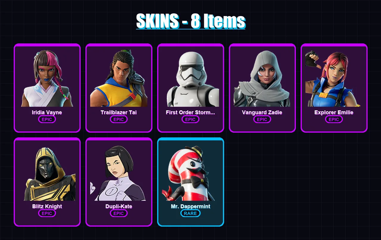 [PS4/PS5/XBOX/PC] | Iridia Vayne | Trailblazer Tai | First Order Stormtrooper | 8 skin | Lv966