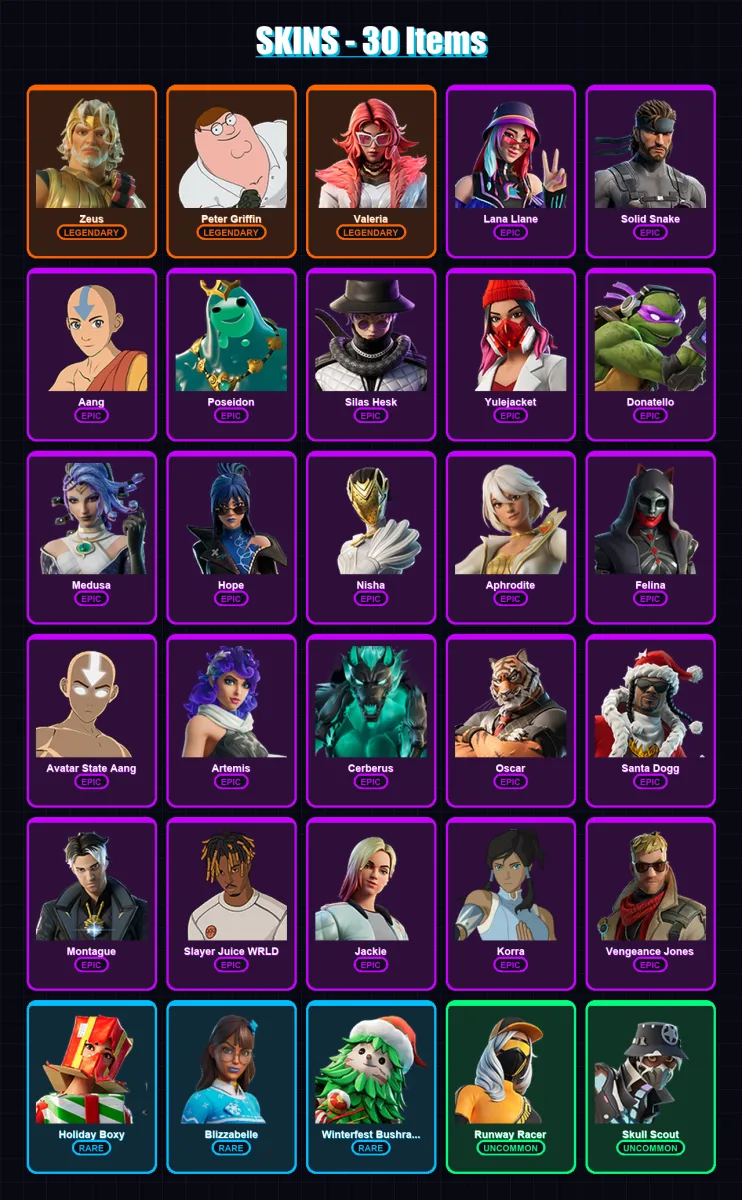 [PC/XBOX] | Zeus | Peter Griffin | Valeria | Lana Llane | Solid Snake | 30 skin | 52 pickaxe | 26 emote | 39 glider | Lv448