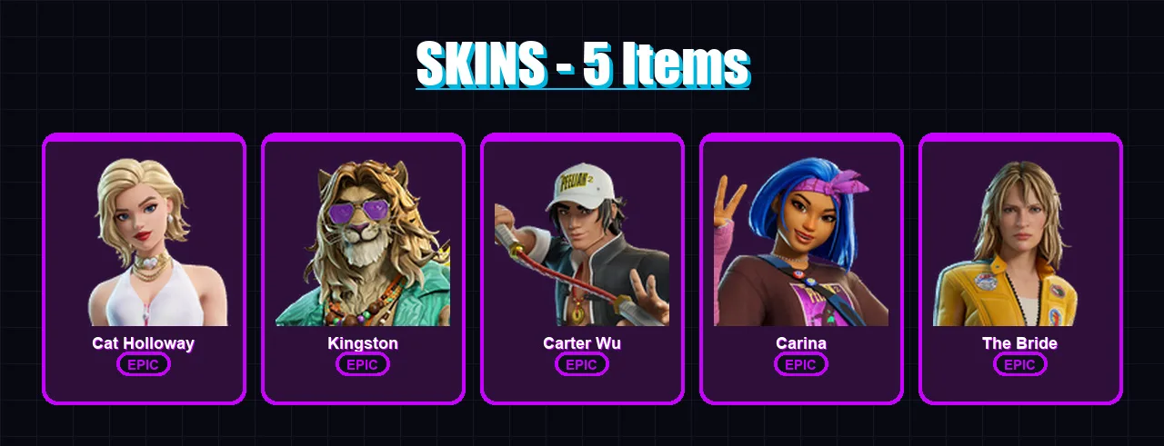 [PC/XBOX/PSN] | Cat Holloway | Kingston | Carter Wu | Carina | The Bride | 5 skin | 12 pickaxe | 8 emote | 11 glider | Lv66