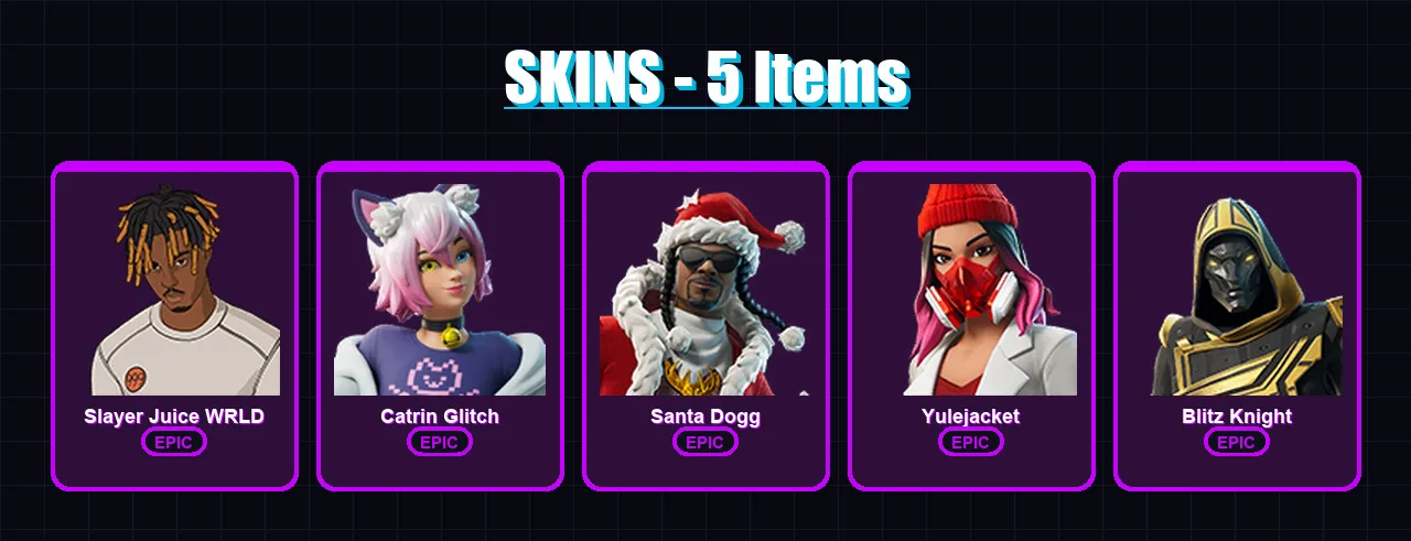 [PC/PSN] | Slayer Juice WRLD | Catrin Glitch | Santa Dogg | Yulejacket | Blitz Knight | 5 skin | 16 pickaxe | 8 emote | 12 glider | Lv100