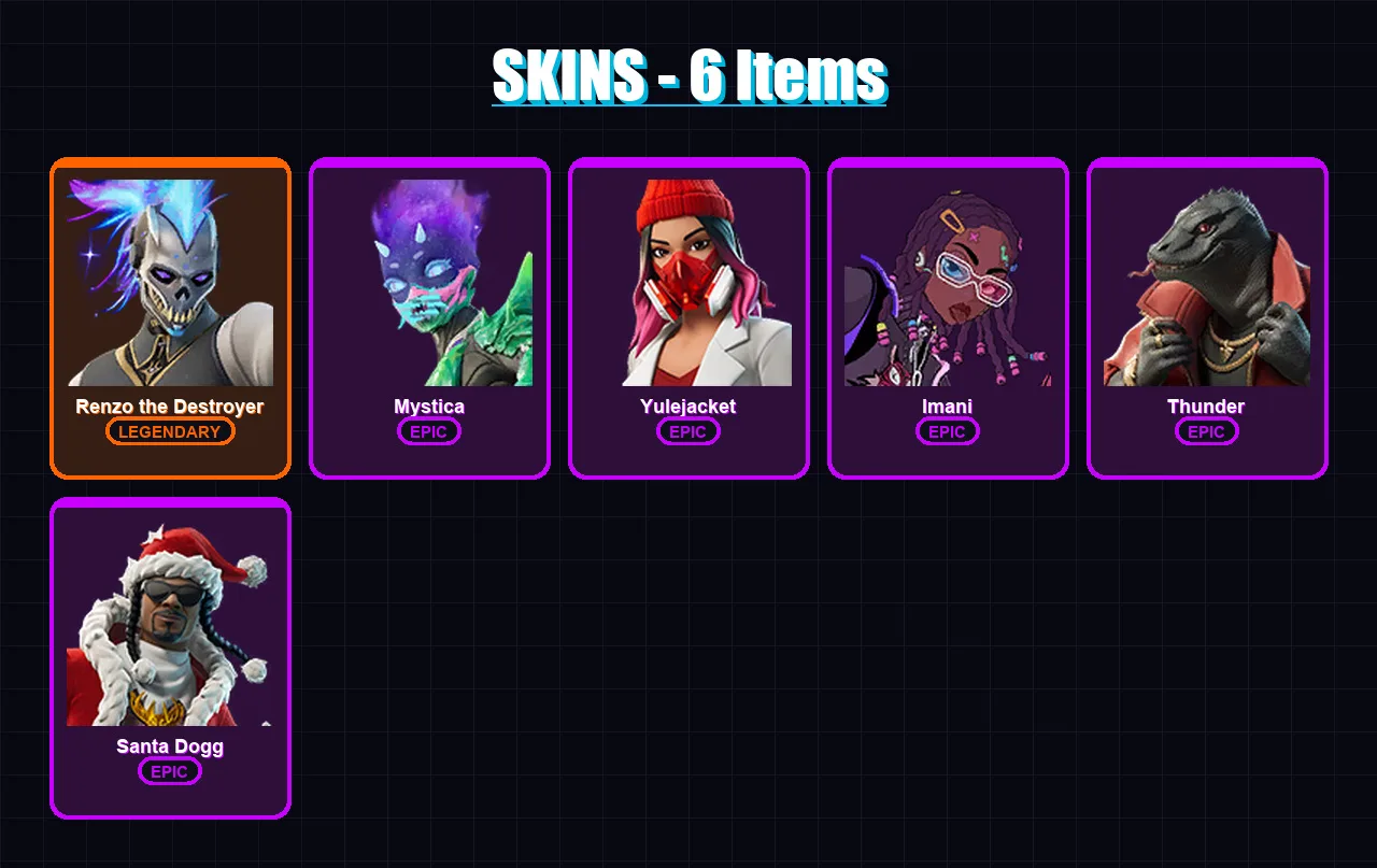 [PC/PSN] | Renzo the Destroyer | Mystica | Yulejacket | Imani | Thunder | 6 skin | 15 pickaxe | 9 emote | 14 glider | Lv148