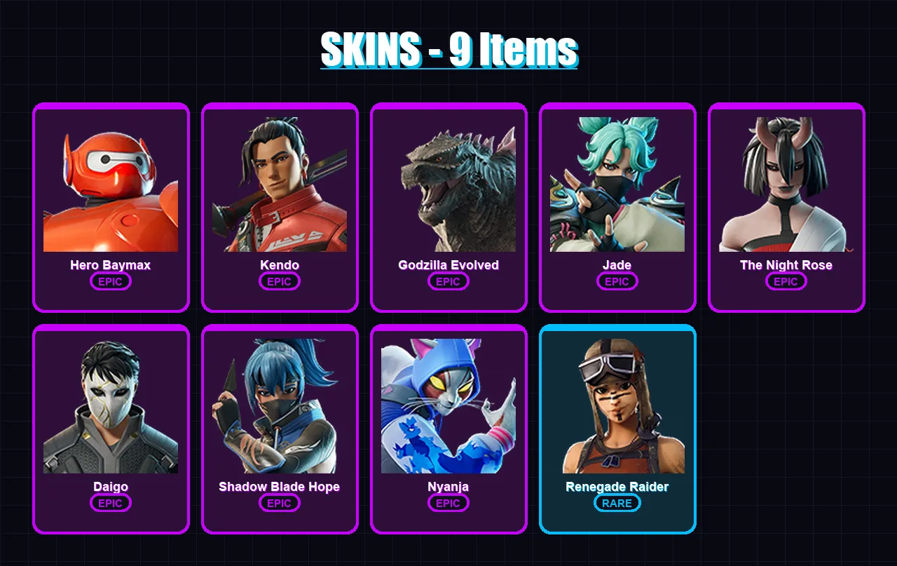 [PC/XBOX/PSN] | Hero Baymax | Kendo | Godzilla Evolved | Jade | The Night Rose | 9 skin | 24 pickaxe | 17 emote | 19 glider | Lv213