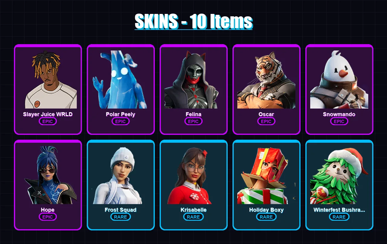 [PC/XBOX/PSN] | Slayer Juice WRLD | Polar Peely | Felina | Oscar | Snowmando | 10 skin | 31 pickaxe | 30 emote | 26 glider | Lv751