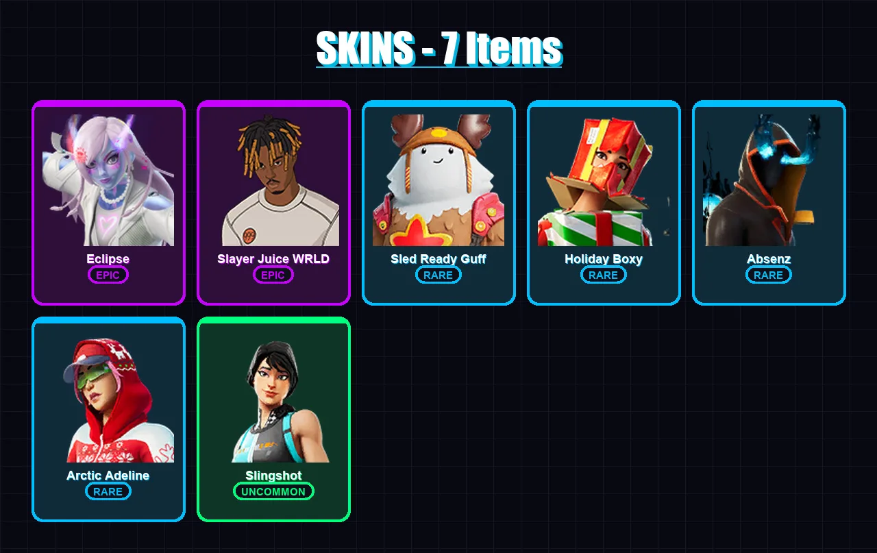 [PC/PSN] | Eclipse | Slayer Juice WRLD | Sled Ready Guff | Holiday Boxy | Absenz | 7 skin | 26 pickaxe | 18 emote | 22 glider | Lv379