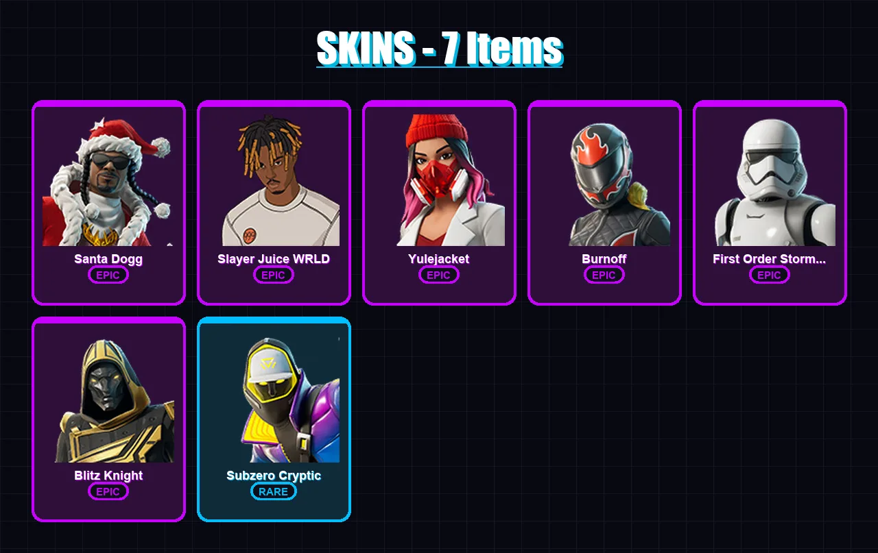 [PC] | Santa Dogg | Slayer Juice WRLD | Yulejacket | Burnoff | First Order Stormtrooper | 7 skin | 37 pickaxe | 13 emote | 23 glider | Lv219