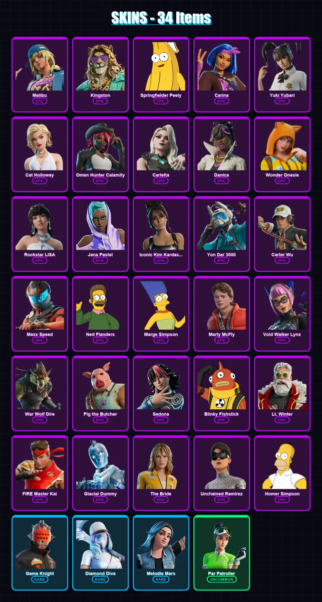 [PC/XBOX/PSN] | Malibu | Kingston | Springfielder Peely | Carina | Yuki Yubari | 34 skin | 55 pickaxe | 29 emote | 24 glider | Lv269