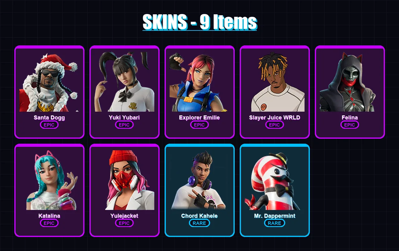 [PC/XBOX/PSN] | Santa Dogg | Yuki Yubari | Explorer Emilie | Slayer Juice WRLD | Felina | 9 skin | 34 pickaxe | 10 emote | 15 glider | Lv178