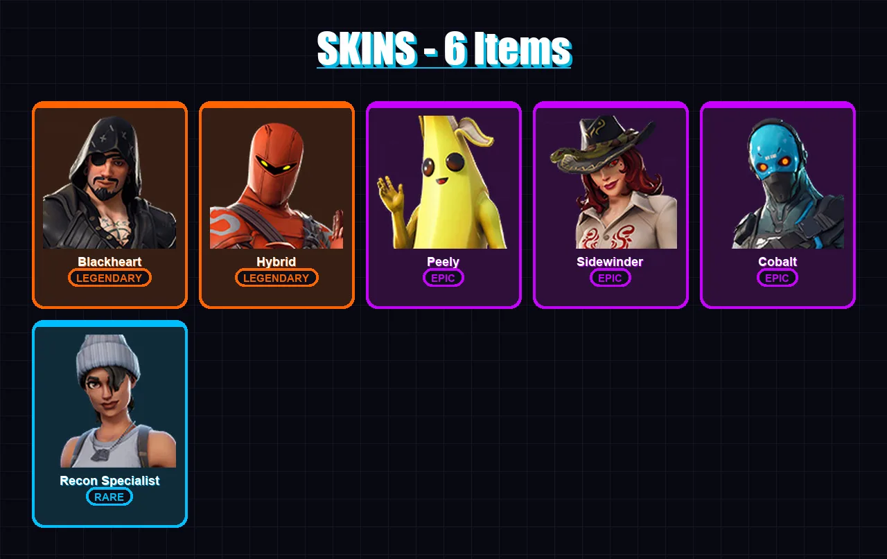 [PC/XBOX/PSN] | Blackheart | Hybrid | Peely | Sidewinder | Cobalt | 6 skin | 7 pickaxe | 11 emote | 6 glider | Lv125