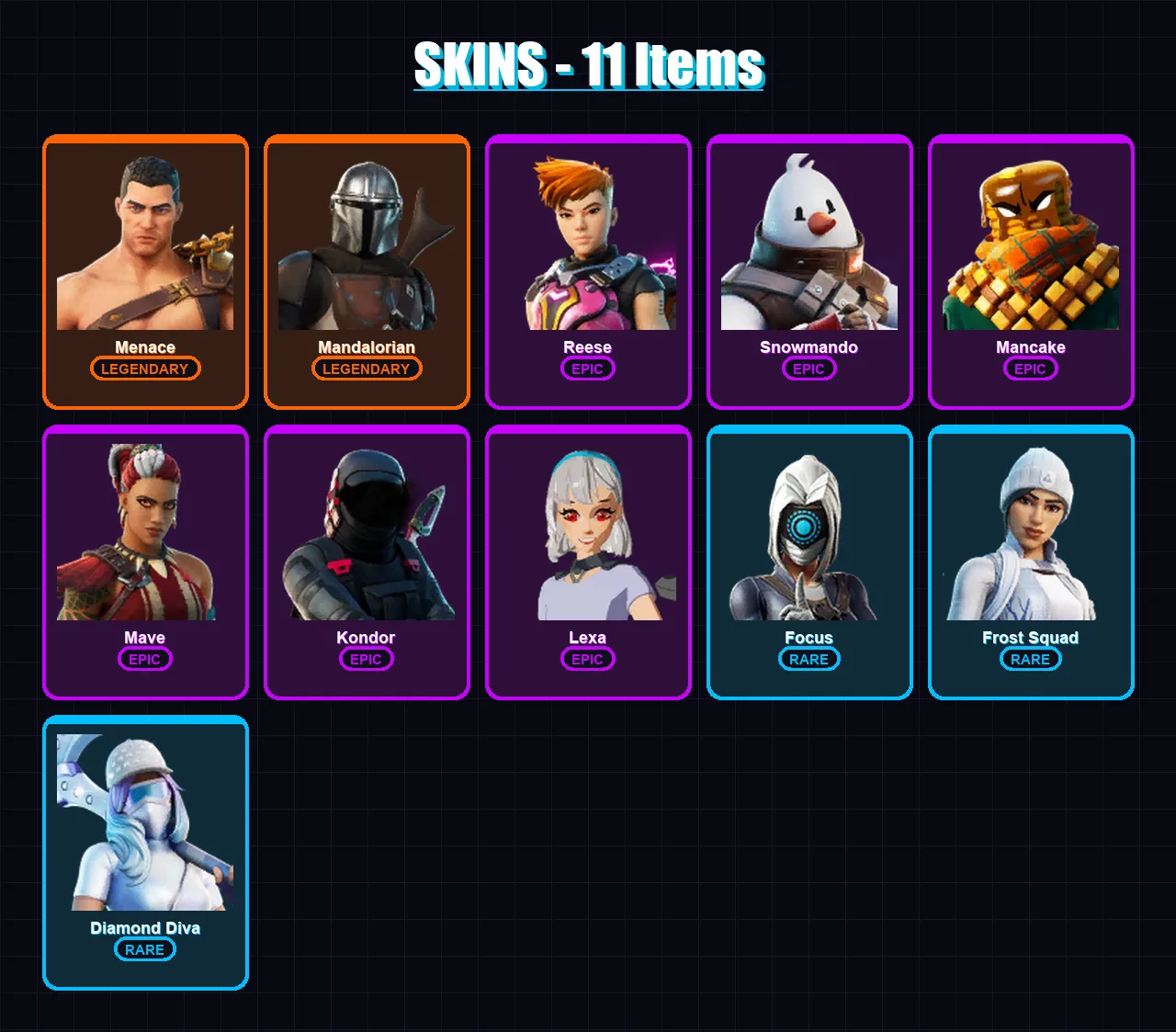 [PS4/PS5/XBOX/PC] | Menace | Mandalorian | Reese | Snowmando | Mancake | 11 skin | 18 pickaxe | 14 emote | 14 glider | Lv185