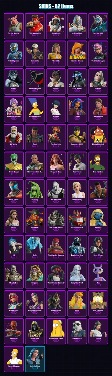 [PC/XBOX/PSN] | Pig the Butcher | FIRE Master Kai | Santa Dogg | Lt. Ripp Slade | Yon Dar 3000 | 62 skin | 116 pickaxe | 67 emote | 77 glider | Lv86