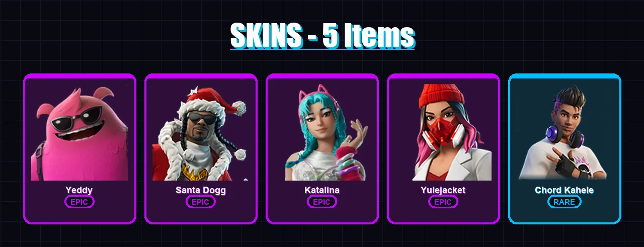 [PC/XBOX/PSN] | Yeddy | Santa Dogg | Katalina | Yulejacket | Chord Kahele | 5 skin | 8 pickaxe | 1 emote | 3 glider | Lv23