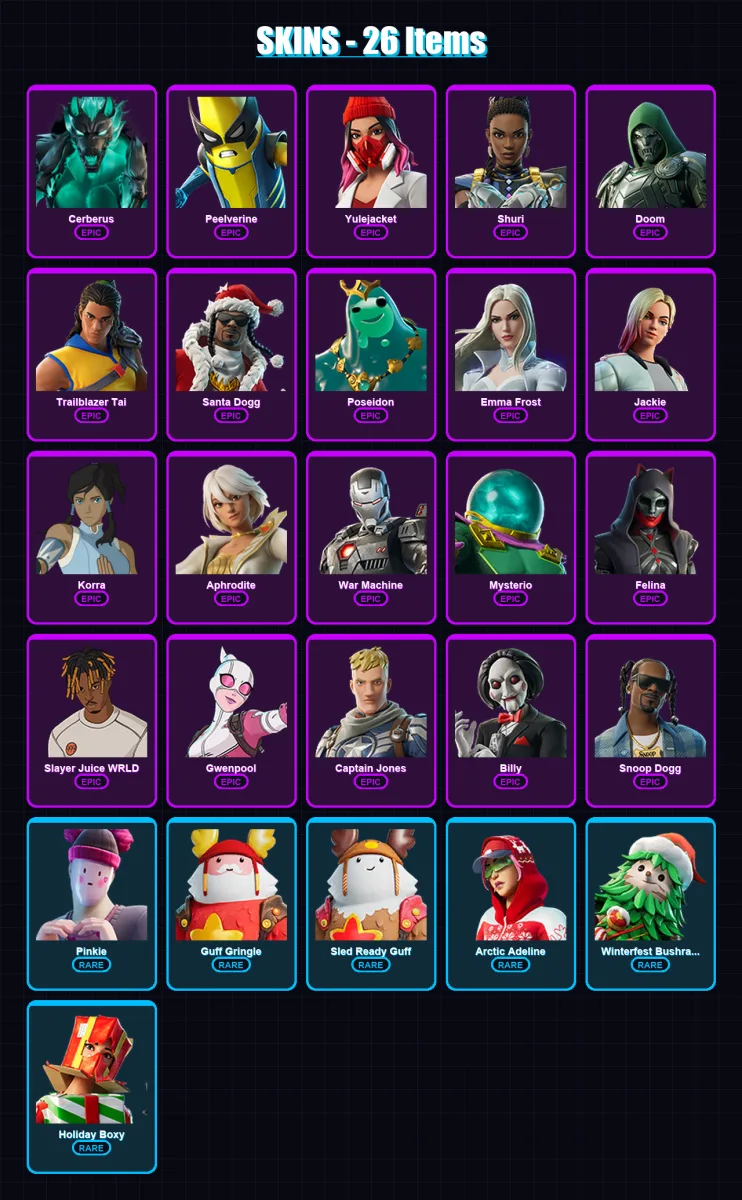 [PC/XBOX/PSN] | Cerberus | Peelverine | Yulejacket | Shuri | Doom | 26 skin | 63 pickaxe | 40 emote | 51 glider | Lv786