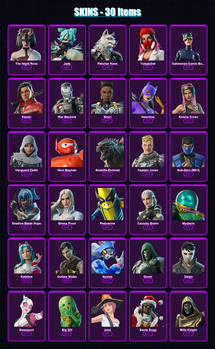[PC/XBOX/PSN] | The Night Rose | Jade | Fletcher Kane | Yulejacket | Catwoman Comic Book Outfit | 30 skin | 62 pickaxe | 35 emote | 37 glider | Lv52