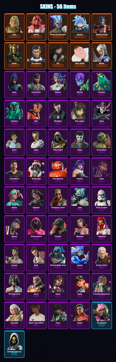 [PC/XBOX/PSN] | Zeus | Valeria | Renzo the Destroyer | Nezumi | Optimus Prime | 56 skin | 80 pickaxe | 61 emote | 67 glider | Lv936