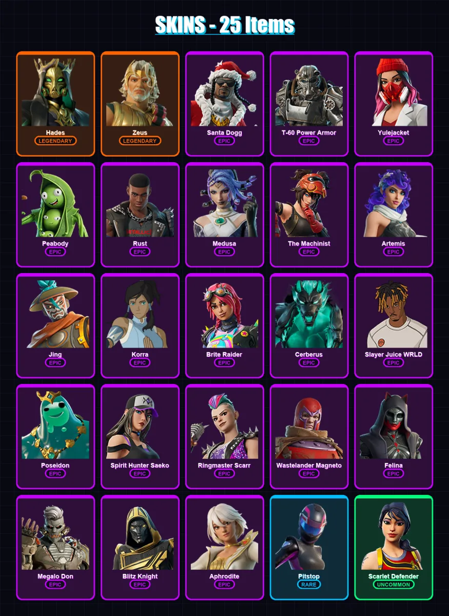 [PC/PSN] | Hades | Zeus | Santa Dogg | T-60 Power Armor | Yulejacket | 25 skin | 68 pickaxe | 35 emote | 40 glider | Lv702