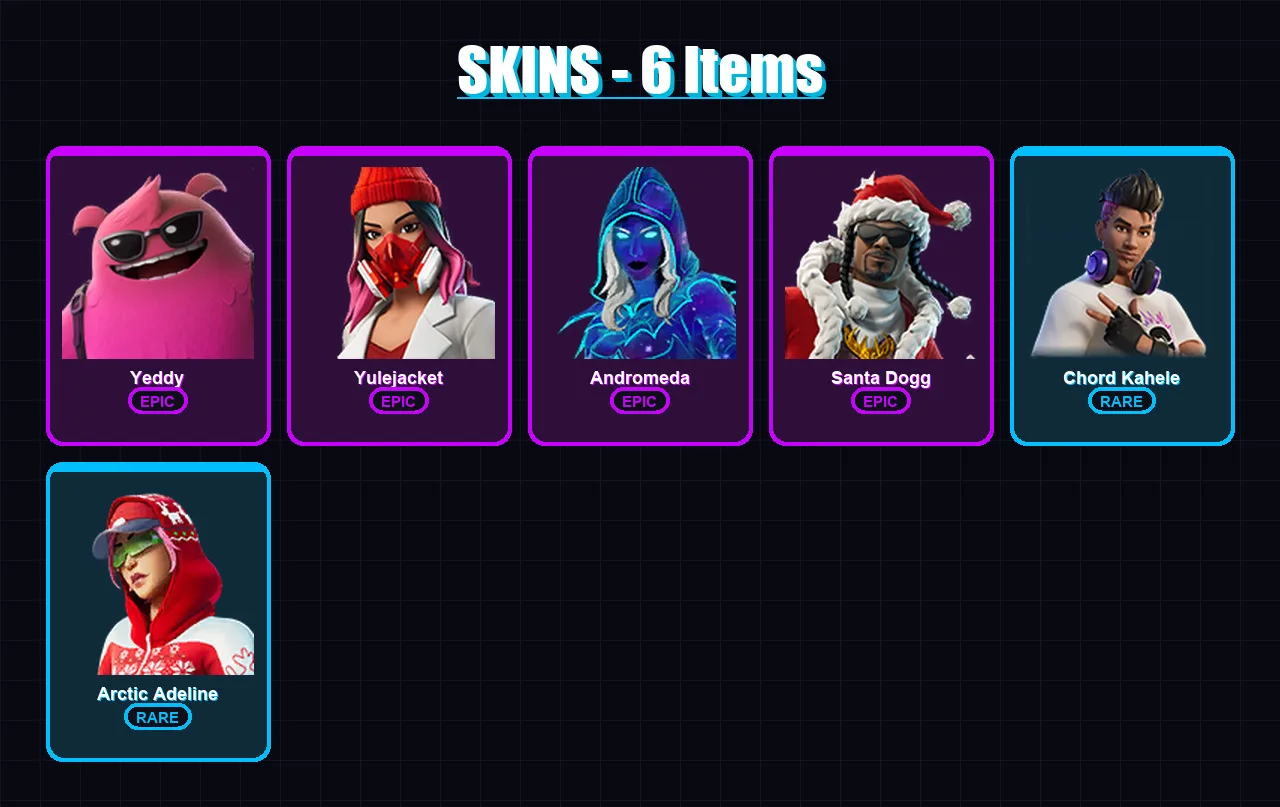 [PC/XBOX/PSN] | Yeddy | Yulejacket | Andromeda | Santa Dogg | Chord Kahele | 6 skin | 37 pickaxe | 17 emote | 30 glider | Lv409