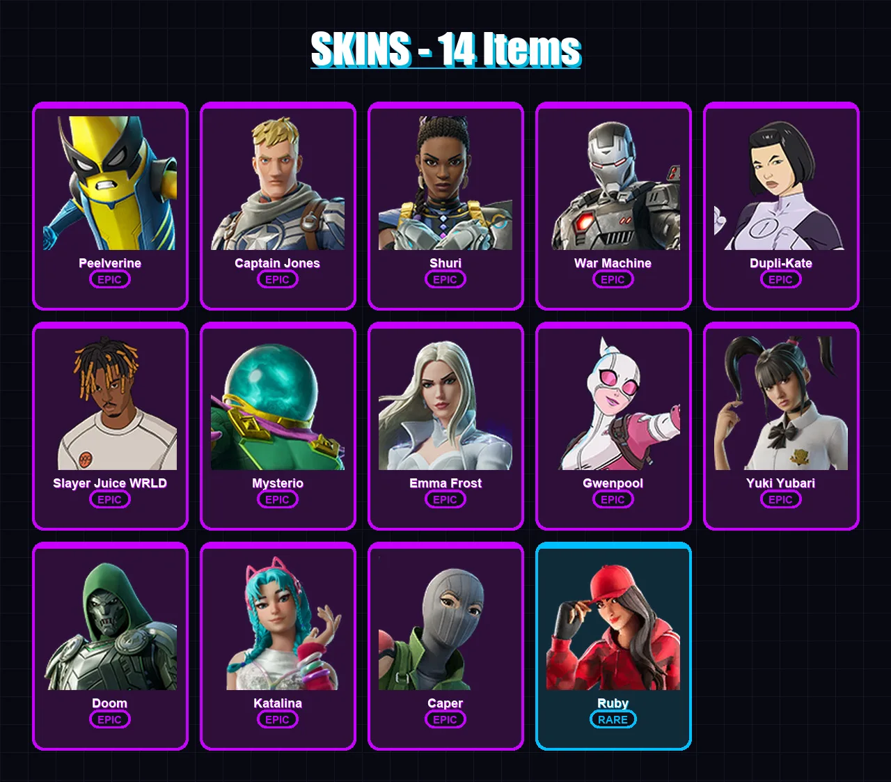 [PC/XBOX/PSN] | Peelverine | Captain Jones | Shuri | War Machine | Dupli-Kate | 14 skin | 55 pickaxe | 27 emote | 32 glider | Lv509