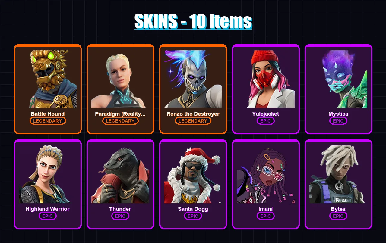 [PC/PSN] | Battle Hound | Paradigm (Reality-659) | Renzo the Destroyer | Yulejacket | Mystica | 10 skin | 15 pickaxe | 11 emote | 16 glider | Lv161