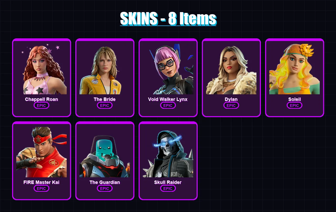 [PC/PSN] | Chappell Roan | The Bride | Void Walker Lynx | Dylan | Soleil | 8 skin | 5 pickaxe | 4 emote | 5 glider | Lv14