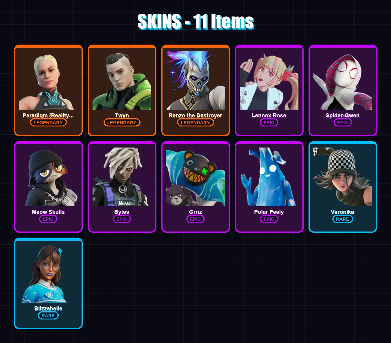 [PC/XBOX] | Paradigm (Reality-659) | Twyn | Renzo the Destroyer | Lennox Rose | Spider-Gwen | 11 skin | 18 pickaxe | 13 emote | 17 glider | Lv214