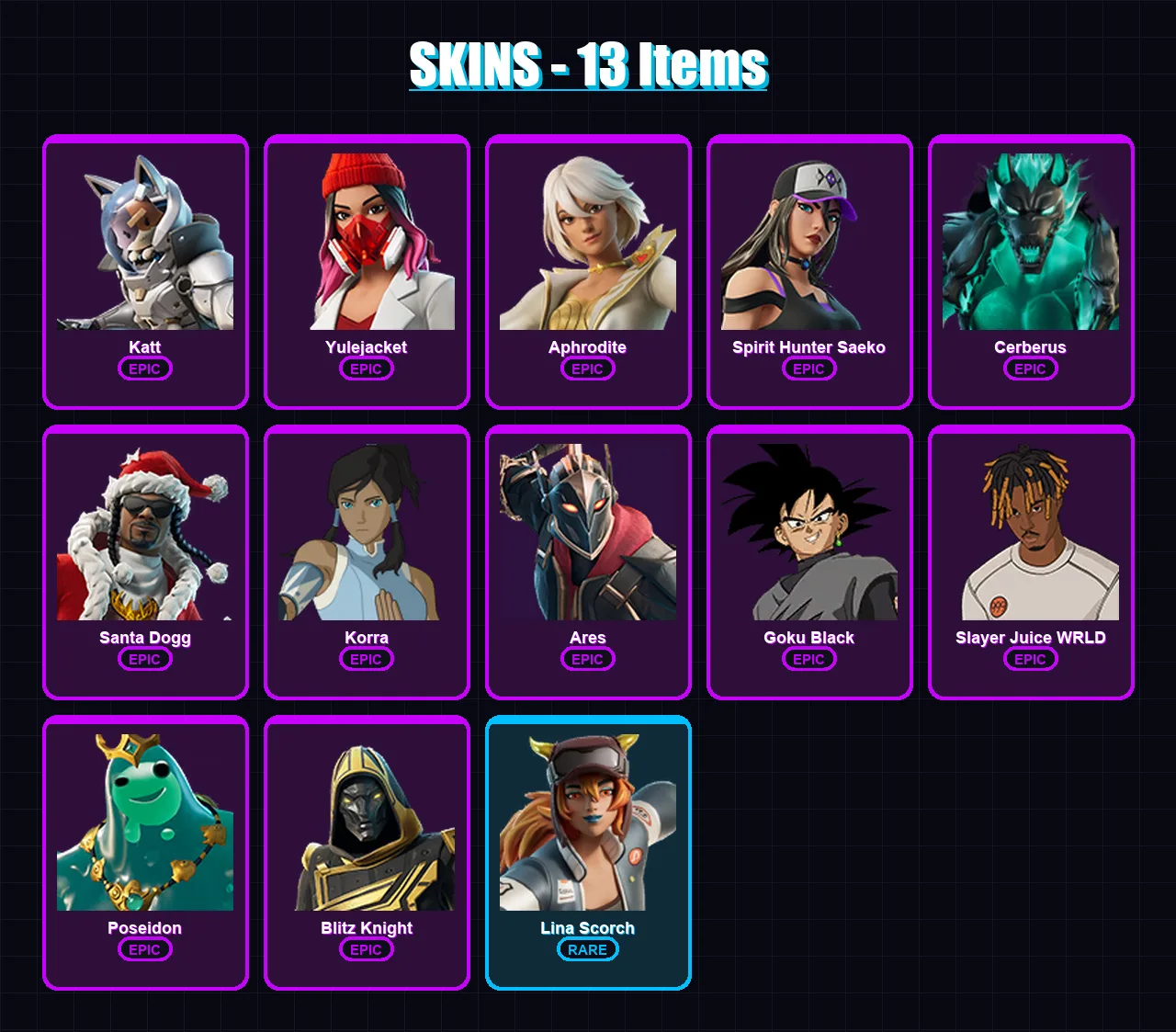[PC/XBOX] | Katt | Yulejacket | Aphrodite | Spirit Hunter Saeko | Cerberus | 13 skin | 28 pickaxe | 7 emote | 17 glider | Lv135