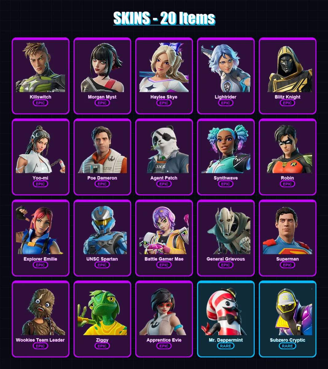 [PS4/PS5/XBOX/PC] | Killswitch | Morgan Myst | Haylee Skye | Lightrider | Blitz Knight | 20 skin | 54 pickaxe | 31 emote | 42 glider | Lv508