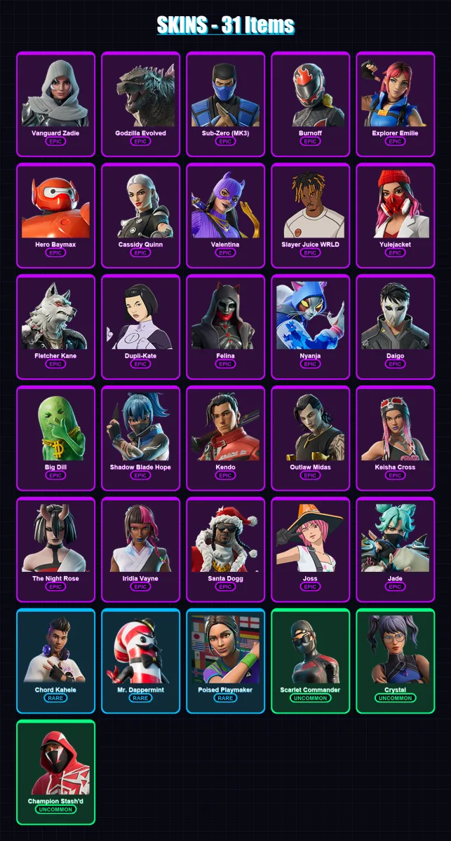 [PC/XBOX/PSN] | Vanguard Zadie | Godzilla Evolved | Sub-Zero (MK3) | Burnoff | Explorer Emilie | 31 skin | 51 pickaxe | 39 emote | 33 glider | Lv753 — Fortnite account