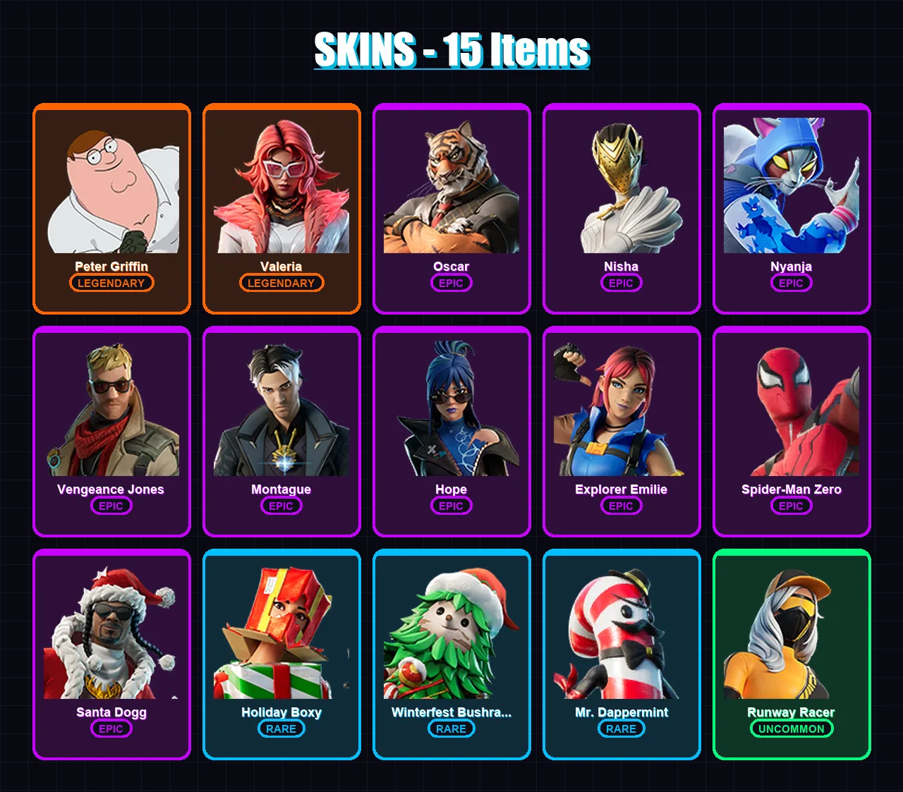 [PC/PSN] | Peter Griffin | Valeria | Oscar | Nisha | Nyanja | 15 skin | 16 pickaxe | 9 emote | 10 glider | Lv125