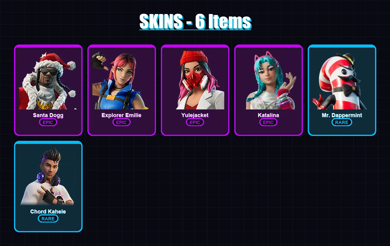 [PC/XBOX/PSN] | Santa Dogg | Explorer Emilie | Yulejacket | Katalina | Mr. Dappermint | 6 skin | 14 pickaxe | 6 emote | 9 glider | Lv45